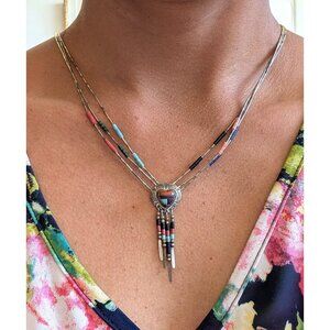 Sterling Silver Hand Made Necklace Heart Dangle Inlaid Multi stones Mosaic 11g